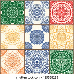 Glazed ceramic tiles set. Colorful vintage tiles with floral and geometrical patterns, Spanish, Italian, Portuguese and oriental motifs. 