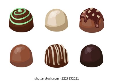 Glazed chocolate candies vector illustrations set. Collection of cartoon drawings of delicious sweets with colorful icing isolated on white background. Food, desserts, confectionary concept