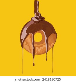 Glazed chocolate donut, dipped in chocolate. Chocolate dripping dessert. Glazed doughnut. Food illustration