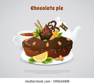 Glazed chocolate pie decorated nuts and fruits with white teapot and cup on grey background vector illustration