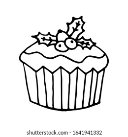 Glazed christmas cupcake with holly berries design element. Сoncept New Year, Christmas, holidays. Hand drawn vector illustration in doodle style outline drawing isolated on white background.