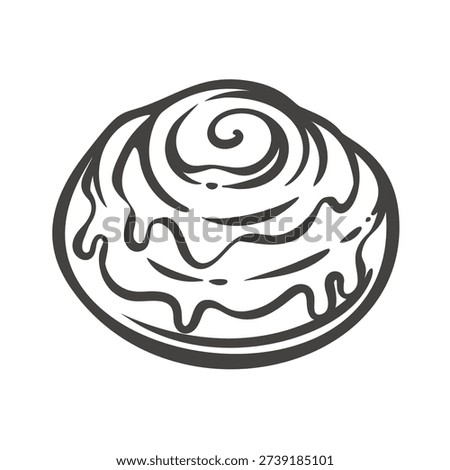 Glazed cinnamon roll with spiral dough and dripping icing topping. Sweet bakery pastry in retro line style, monochrome dessert graphic for cafe menu, logo, packaging, vector illustration.