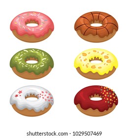 Glazed colored donuts install 3D. Vector illustration on white isolated background