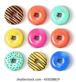 Glazed colored donuts set 3D. Vector Illustration