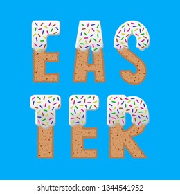 Glazed cookie cartoon Easter vector illustration. Letters covered icing-sugar and topping isolated on blue background. Hand drawn festive lettering for print, poster, flyer, card, banner. Flat design 