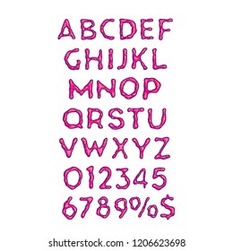 Glazed cookies alphabet vector set. Donut font with icing. Biscuit hand drawn capital letters, numbers, symbols. Bakery, confectionery font with handdrawn outline. Isolated color holiday lettering