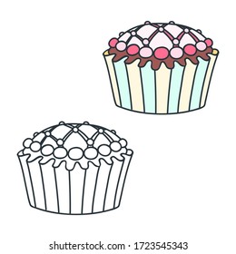 Atrapado. Ilustraciones de doodle (coloreadas y negras en blanco) de un quequito acristalado. Objetos aislados en blanco. Vector 8 EPS.
