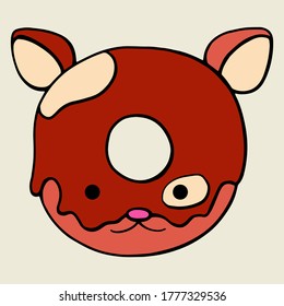 Glazed cute doughnut animal. Isolated donuts with glaze and bite, eaten chocolate icing fritters or caramel circle doughnuts