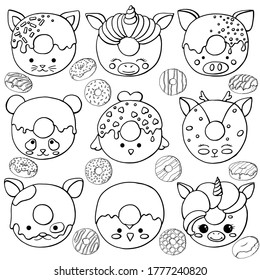 Glazed cute doughnut animals set. Isolated donuts with glaze and bite, eaten chocolate icing fritters or caramel circle doughnuts