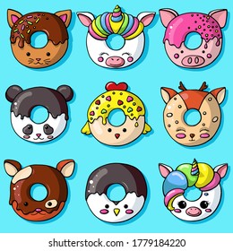 Glazed cute doughnut animals set. Isolated donuts with glaze and bite, eaten chocolate icing fritters or caramel circle doughnuts