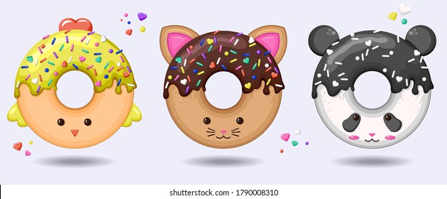 Glazed Cute Doughnut Animals Set. Isolated Donuts With Glaze And Bite, Eaten Chocolate Icing Fritters Or Caramel Circle Doughnuts