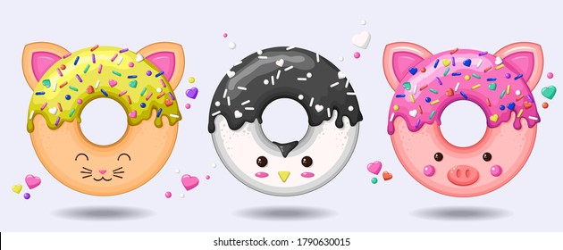 Glazed Cute Doughnut Animals Set. Vector