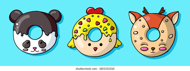 Glazed cute doughnut animals set. Isolated donuts with glaze and bite, eaten chocolate icing fritters or caramel circle doughnuts