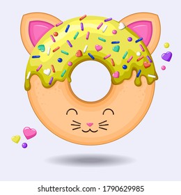Glazed cute doughnut kitten. Vector, yellow