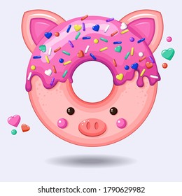 Glazed cute doughnut pig. Vector, pink