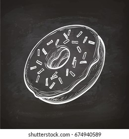 Glazed Donut.  Chalk Sketch On Blackboard. Hand Drawn Vector Illustration. Retro Style.