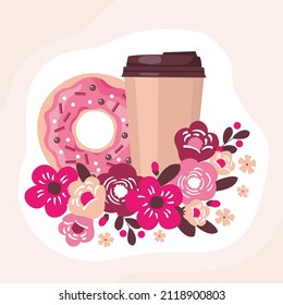 Salto y taza de café con flores. Vector clipart.