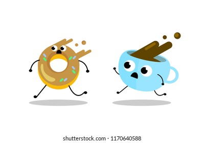 Glazed donut and coffee in a cup running together, illustration vector.