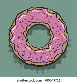 Glazed Donut in Comic Book Style. Vintage Colored Doughnut with Pink Topping Sign. Bakery or Cafe Pop Art Poster. Vector Illustration.