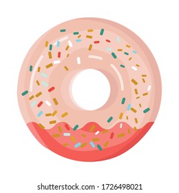 Glazed donut with cream isolated on a white background. Cute, colorful and glossy donuts with pink icing and multi-colored powder. For the design of recipes, menus, culinary blogs, stationery.