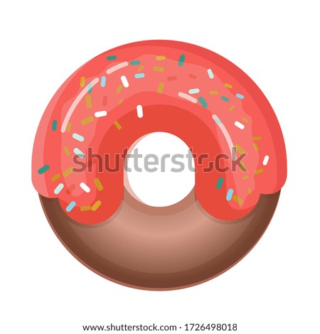 Glazed donut with cream isolated on a white background. Cute, colorful and glossy donuts with pink icing and multi-colored powder. For the design of recipes, menus, culinary blogs, stationery.