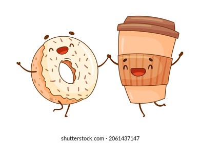 Glazed donut and cup of coffee characters holding by hands. Perfect couple, friends forever cartoon vector illustration