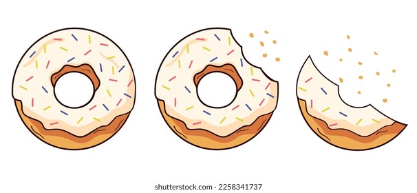 Glazed donut. Eat pink doughnut. Sequence steps of process. Vector flat 