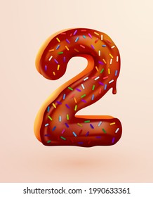 Glazed donut font. Number 2. Number two cake. Dessert style. Collection of tasty bakery numbers with cream. Anniversary and birthday concept. Vector illustration.