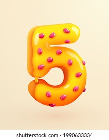 Fuente de donut acristalada. Número 5. El pastel número cinco. Estilo postre. Colección de deliciosos números de panadería con crema. Aniversario y concepto de cumpleaños. Ilustración vectorial.