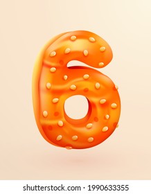 Glazed donut font. Number 6. Number six cake. Dessert style. Collection of tasty bakery numbers with cream. Anniversary and birthday concept. Vector illustration.