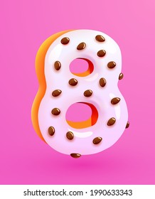 Glazed donut font. Number 8. Number eight cake. Dessert style. Collection of tasty bakery numbers with cream. Anniversary and birthday concept. Vector illustration.