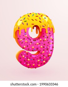 Glazed donut font. Number 9. Number nine cake. Dessert style. Collection of tasty bakery numbers with cream. Anniversary and birthday concept. Vector illustration.
