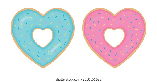 Glazed donut - heart. Cute cartoon donut with pink and turquoise sprinkles. Isolated donut. Pink and turquoise bagel.	