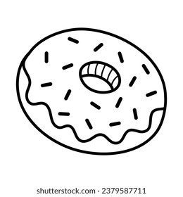 Glazed donut with icing and sprinkles. Fast food linear icon. American street food. Hand drawn doodle illustration.