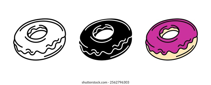 Glazed donut icon. Pink doughnut with sugar icing vector illustration. Sweet dessert snack symbol. Delicious bakery logo. Pastry sign. Tasty chocolate donut with sprinkle cream topping pictogram.