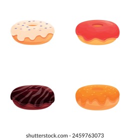 Glazed donut icons set cartoon vector. Various colorful sweet donut. Dessert, sweet food