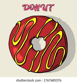 Glazed donut. Isolated donut with glaze and bite, colorful eaten chocolate icing fritters or caramel circle doughnuts