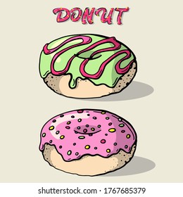Glazed donut. Isolated donut with glaze and bite, colorful eaten chocolate icing fritters or caramel circle doughnuts