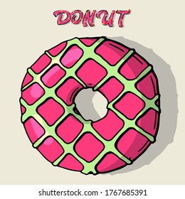 Glazed donut. Isolated donut with glaze and bite, colorful eaten chocolate icing fritters or caramel circle doughnuts