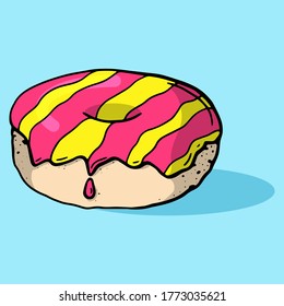 Glazed donut. Isolated donut with glaze and bite, colorful eaten chocolate icing fritters or caramel circle doughnuts