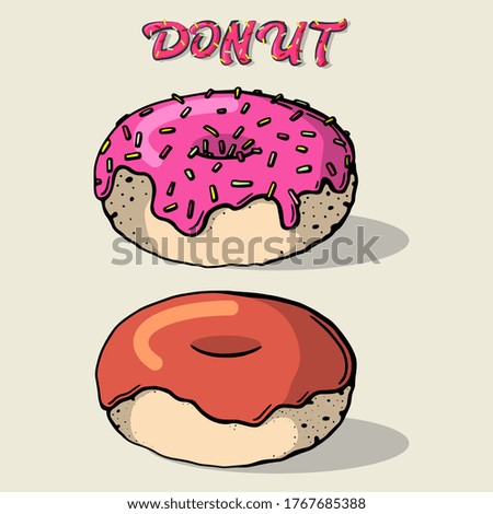 Glazed donut. Isolated donut with glaze and bite, colorful eaten chocolate icing fritters or caramel circle doughnuts