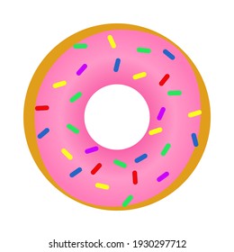 Glazed donut with pink cream and colored sprinkles isolated on a white background. Cute, colorful and glossy donuts with pink icing and multi-colored powder. For recipes, menus and culinary blogs. 