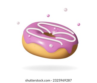 Glazed donut with pink topping and sprinkles. Bakery sweet pastry food dessert, icing cakes with decoration. Vector illustration isolated on white background.