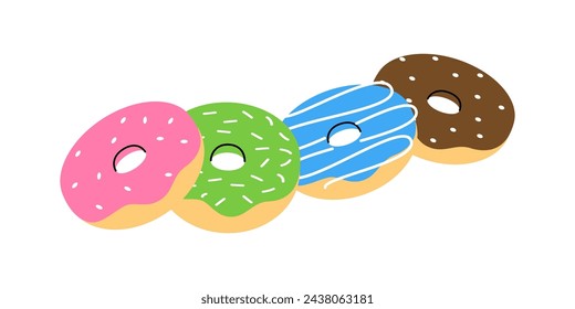 Glazed donut set. Bakery sweet pastry food. Vector illustration.