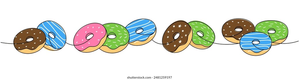 Verglaste Donut Set. Nimm Donuts eine Linie farbige durchgehende Zeichnung weg. Bäckerei süße Gebäck Essen. Lineare Darstellung der Vektorgrafik.