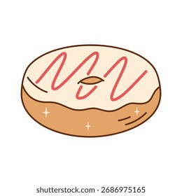 Glazed donut with simple pink icing and criss-cross drizzle. A sweet and classic cartoon dessert or snack.
