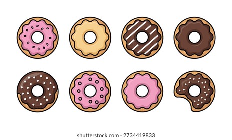Glazed donut vector icons collection with chocolate icing, vanilla cream, strawberry sprinkle, ring doughnuts, sweet bakery dessert assortment treats