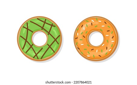 Glazed donuts for birthday. Top view of doughnuts. Sweet pastry with glossy icing. Confectionery dessert. Chocolate confectionery isolated on white background. Flat design. Vector illustration.