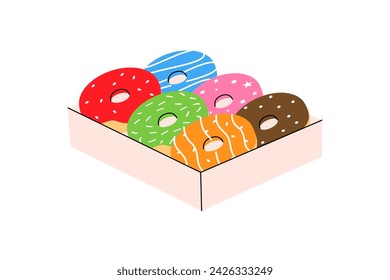 Glazed donuts in box. Bakery sweet pastry food. Vector illustration.