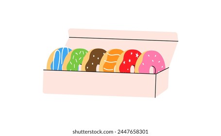 Glazed donuts in carton box. Bakery sweet pastry food. Vector illustration.
